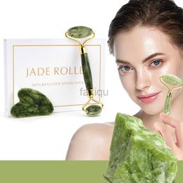 Massage Stones Rocks Jade Roller y Gua Sha Set Natural Stone Massage Roller Tablero de raspador Masajería de elevación de la cara con caja de regalo Herramientas para el cuidado de la piel 240403