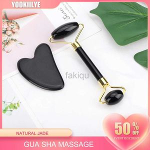 Massage Stones Rocks Jade Roller Face Lift Gua Sha Massage Set Obsidian Massage facial noir Roller en pierre naturelle anti-ride Têtise de soins de la peau de la peau 240403