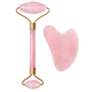 Pierres de massage Roches Rouleau de Jade pour le Visage Quartz Rose Gua Sha Ensemble Rouleaux pour le Visage Grattoir Plus Mince Cosmétique Soins de la Peau Outil de Beauté avec Boîte-Cadeau XB1