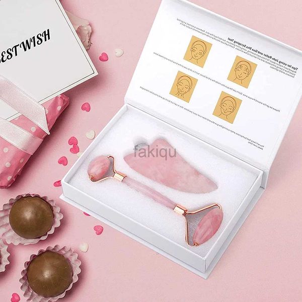 Masaje piedras rocas rosa cuarzo masajeador jade roller gua sha scraper juego de masaje de piedra facial de rodillo facial para el cuidado de la piel elevación de la cara 240403