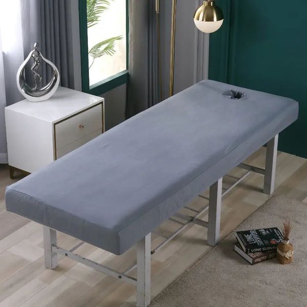 Massage table lit ajusté draps de couleur unie en plein couvercle en caoutchouc élastique couverture de lit spa de massage avec trou de visage 240506