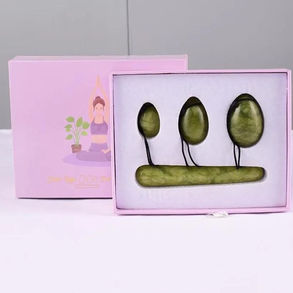 Masseur 4 pièces plusieurs tailles ensemble d'oeufs Yoni avec bâton de boule de Massage percé oeufs de Jade en pierre naturelle Muscles du plancher pelvien exercice Vaginal Equ