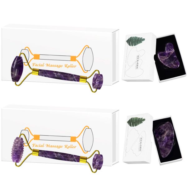 Masseur Amethyst Face Massage Rouleau Gouache Scraper Set pour massage facial Natural Purple Crystal Gua Sha Boîte à outils de soins de la peau