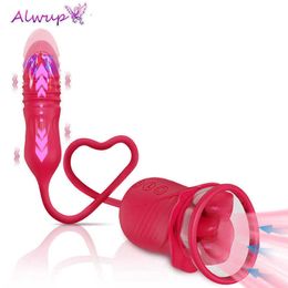 Stimulator Rose Stoten Zuigen Tonglikken Clitoris G-spot Dubbele Hoofdvibrator Anale plagen Telescopische Masturbatie