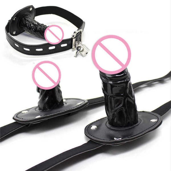 Masseur Silicone pénis Plug godes bouche ouverte Gag avec boucles de verrouillage harnais en cuir Bondage Bdsm esclave pour Couple jeu adulte