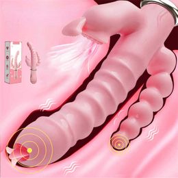 Massager Drie Hoofden Dildo Konijnenvibrator Waterdicht USB Magnetisch Oplaadbaar Anale Clit Tonglikken voor vrouwenkoppels