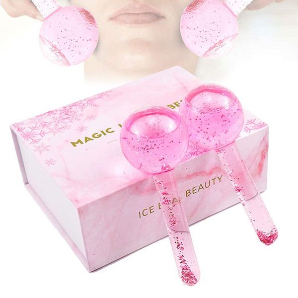 Masajeadores Ice beauty ball- 2PC Globes Pink Facial Roller para piel fría o caliente Globe Durable Quartz Glass Face and Eye Rollers Reduce Puffiness J033