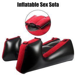 Masajeadores Juguetes deportivos Muebles sexuales Ayuda inflable con correas Flocado PVC Juegos para adultos Pierna dividida Sofá Estera Herramientas sexuales para parejas Mujeres Glande