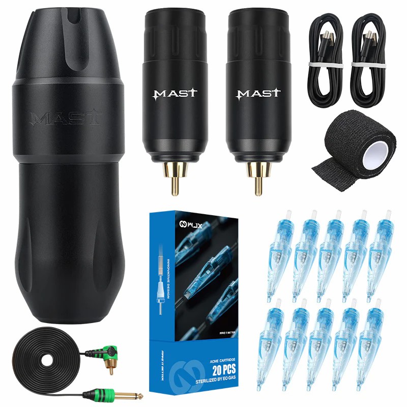 Mast Tour Pro Plus Wireless Tattoo Kit Rotary Pen Gun 2 Batterier Katroner Nålar för permanent smink SMP Body Tattoo