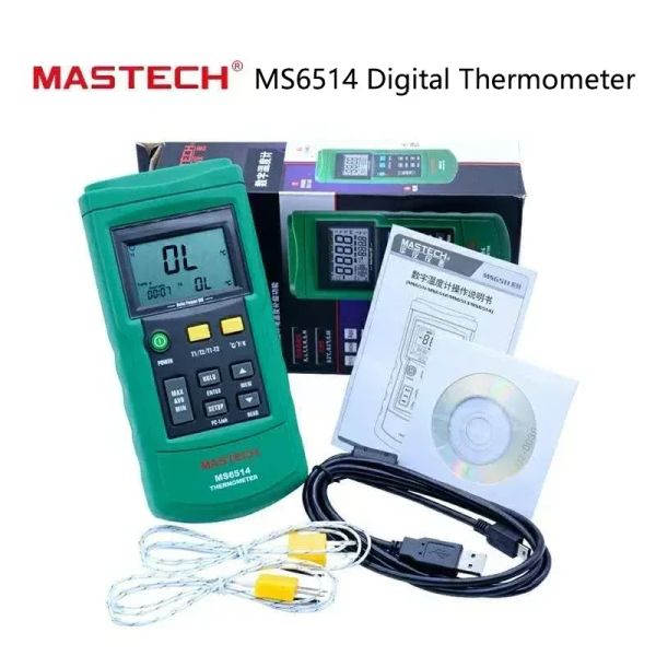 MASTECH MS6514 Termómetro digital de doble canal Data Logger Tempermo de temperatura de la interfaz USB Sensor de termopar Sensor MS6514