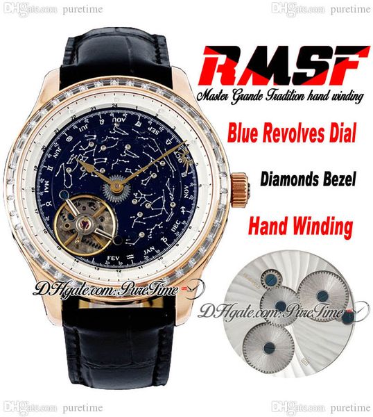 Master Grande Tradition Mecánico Cuerda manual Reloj para hombre RMSF Oro rosa 43 Baguette Diamonds Blue Revolves Dial Black Leather Super Edition Relojes Puretime B2