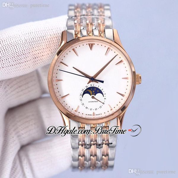 Master Ultra Thin 1368420 Moon Phase Reloj automático para hombre Dos tonos Oro rosa Esfera blanca Marcadores de plata Relojes de pulsera de acero inoxidable 2022 Puretime JL-Y10i9