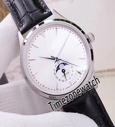 Master Ultra Thin Q1368420 Automatic Mens Watch Arey Case Silver Cador Selon Real Moon Phase Stick Markers Brown Le cuir STRAP Timezonew3123899