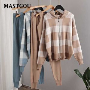 Mastgou 3 Stuk Set's TrailSuits Winter Rits Hooded Cardigan Sweaters + Tank Top Knit Harem Broek Sport Pakken Outfits 210930