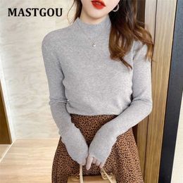 MASTGOU Primavera Otoño Cuello redondo Mujeres Suéter Suéter Sólido Básico Suéteres ajustados Estilo OL Punto Mujer Jumper Pull Femme 211011