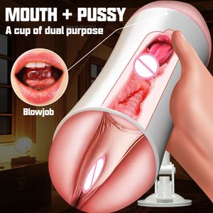 Masturbateurs Main Libre Masturbateur Masculin Coupe Vaginal Sexe Oral Double Canal Vibrant Masturbation Bouche Fellation Jouets pour Hommes 230314