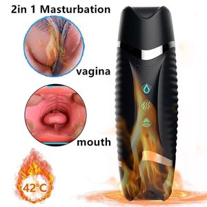 Masturbateurs Coupe de masturbation masculine Double canal Vagin Bouche vibrante Fellation Vibration Chauffage intelligent 2 en 1 Masturbateur pour hommes 230824