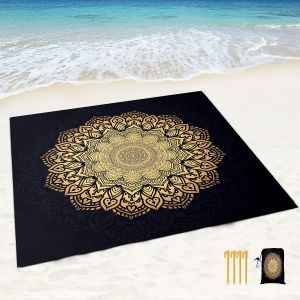 Mat Boho Black Gold Mandala Zandbestendige stranddeken Zandbestendige mat met hoekzakken en netzak voor strandfeest, reizen, kamperen