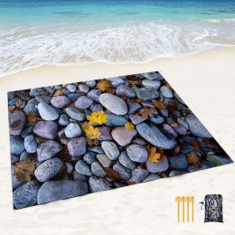 Tapis de plage imprimé pierre, imperméable, résistant au sable, couvertures de pique-nique avec poches de sable et piquets, coussin d'extérieur léger pour bord de mer