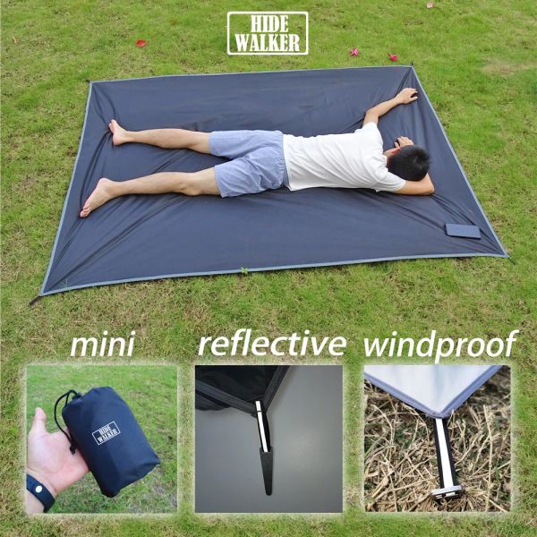 Estera de tienda de campaña con huella, estera de Picnic de bolsillo ultraligera con estacas a prueba de viento para acampar al aire libre, portátil, plegable, impermeable, hoja de suelo para tienda