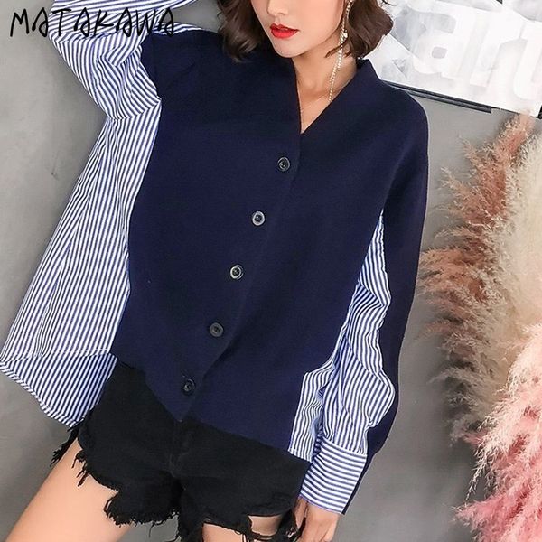 MATAKAWA automne et hiver coréen tricoté couture rayé chemise pull femmes col en v lâche faux deux pièces tricot Cardigan manteau 210513