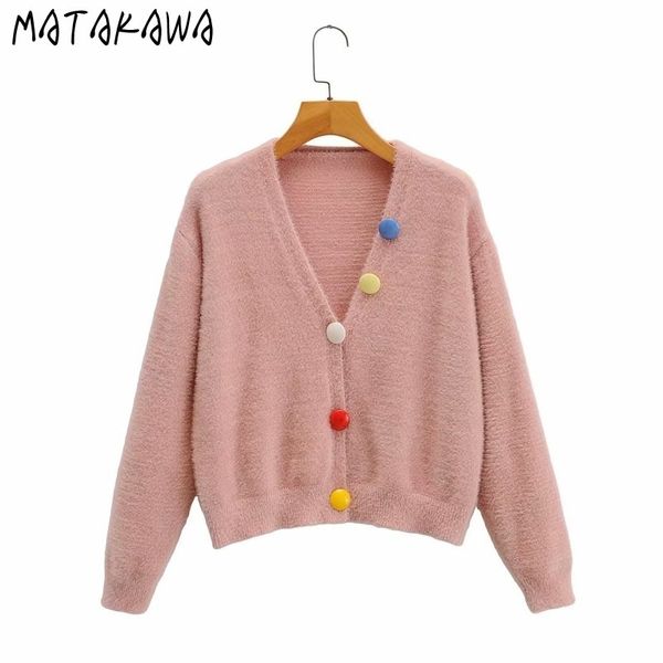 MATAKAWA automne laine tricoté femme chandails boucle col en v Cardigans vêtements d'hiver pour femmes 210513