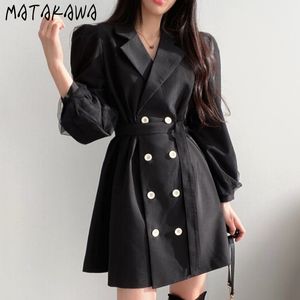 Matakawa Chic Retro Kleped Jassen Double-Breasted Woman Jacket Lace Up Mesh Stiksels Design Lange Mouwen Blazer Koreaanse Tops 210513