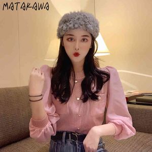 MATAKAWA gasa costura Pit Stripe suéter mujer primavera cárdigan de punto moda bolsillo manga larga Harajuku suéteres 210513