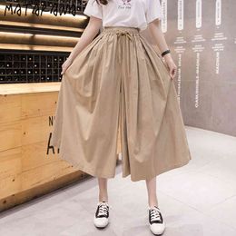 Matakawa elastische taille losse negen-punt wijd-poot broek vrouwen culottes zomer midden-lengte high-taille veter-up mode pantskirt 210513