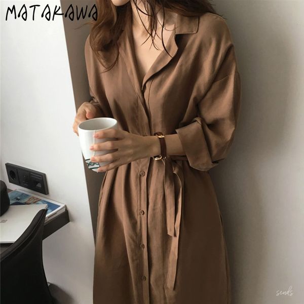 Matakawa Mode Femmes Coupe-vent Automne Vêtements pour femmes Corée Chic Chemise Robe À Lacets Taille Mince Long Trench Coat 210513
