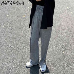 Matakawa grijze split sport broek vrouwen hoge taille lente en zomer vrouw broek casual broek brede been joggingbroek vrouwen 210513