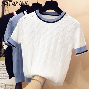 Matakawa Ice Silk Short-mouwen Gebreide T-shirt Dames Zomer Koreaanse Dames Tops Dunne Ronde hals Losse Bottoming Tshirt 210513