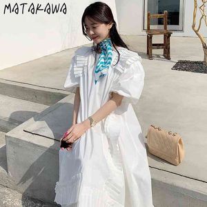 Matakawa Onregelmatige Puff Sleeve Jurk voor Vrouwen Koreaanse Chic Temperament Stitching Robe Ronde Hals Losse Lange Vestidos Vrouw 210513