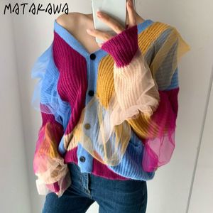 MATAKAWA japon mode pull à col en v femmes géométrique contraste maille couture chandails lâche à manches longues tricoté Cardigan 210513