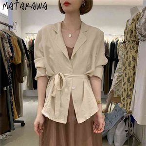 Matakawa Korea Lente / Zomer Blusas Mujer de Moda Kant Taille Dunne Revers Dames Blouses Lange Mouwen Shirt Womens Tops 210513