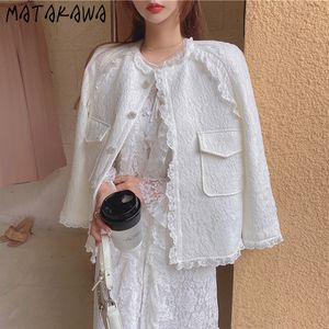 Matakawa Koreaanse witte kant rand jas vrouwelijke lente jas vrouwen temperament O-hals vrouw jas lange mouwen top 210513