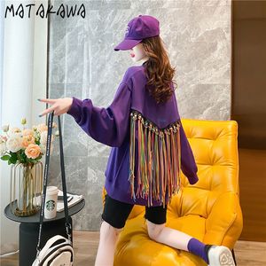 MATAKAWA lâche décontracté sweat femmes printemps couleur gland à manches longues sweats à capuche femmes col rond sweats Vintage haut 210513