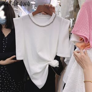 Matakawa losse vrouwen t-shirts ketting ronde hals vrouw t-shirts bladerdeeg mouw korte mouwen katoenen t-shirt veer tops 210513