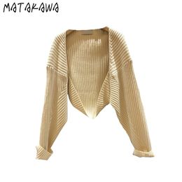 MATAKAWA manches chauve-souris courtes femmes manteau Pit rayé châle chandails corée automne et hiver tricoté Cardigan femmes 210513