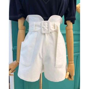 Matakawa korte broek voor vrouwen zomer vrouwen shorts witte hoge taille shorts casual temperament bloem knopbroek met riem 210513