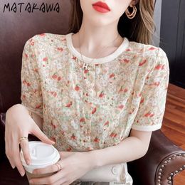 Matakawa Korte mouwen Floral Shirt Dames Chiffon Vrouwen Blouses Zomer Tops Puff Sleeve Korte Blusas Mujer de Moda 210513