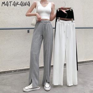 Matakawa split broek vrouwen rechte losse grijze sportbroek zomer wijd-poot broek hoge taille casual broek 210513