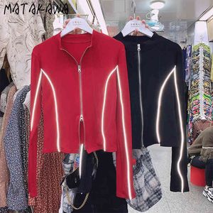 Matakawa Stand Collar Luming Striped Top Femmes Double Zipper Femme Tshirts Long Manche Botting Short T-shirt 210513