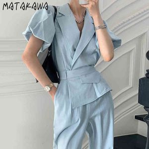 Matakawa Été Lâche Combinaison Femmes Vintage Revers Jump Costumes pour Femmes Enveloppé Bulle Manches Casual Combinaison Pantalon Femmes 210513