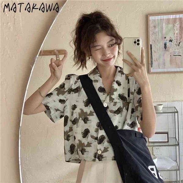 MATAKAWA Vintage Impreso Gasa Mujer Blusa Verano Solapa Blusas Botón de manga corta Camisa Crop Top Mujeres 210513