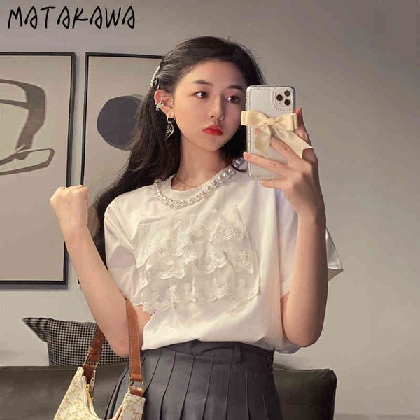 Matakawa T-shirt blanc T-shirt à manches courtes d'été coréen Femme Tshirt Couture Dentelle T-shirt Lâche Casual Col rond Top 210513