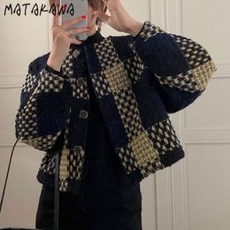 Matakawa mujer chaqueta otoño coreano cuello redondo manga larga Plaid Tweed chaquetas Vintage contraste Color elegante Casual abrigo mujer 220815