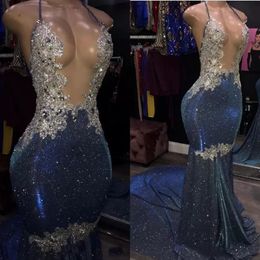 2022 Sexy Sparkle Crystal Mermaid vestidos del desfile Imagen real Sin espalda Vestidos largos de baile Halter Vestido de fiesta formal por encargo C0417