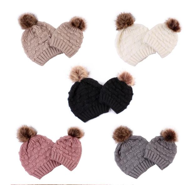 Chapeaux assortis pour mère fille avec pompon tricoté bonne chance famille crochet ski chapeau de ski maman enfant bébé cadeaux de Noël 5 couleurs Heanie de mode