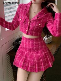 Bijpassende set Rose Pink Plaid Women bijgesneden Tweed Blazer High Taille Pleasted Mini Skirts Suits Ladies Fashion 2 -Piece Sets 240516